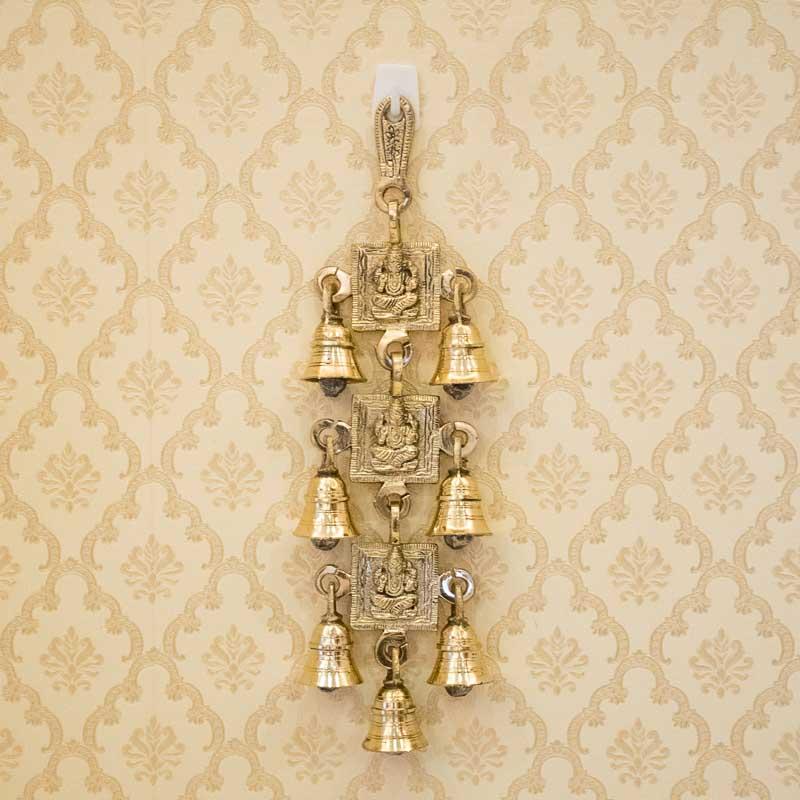 Antique Brass Door/Wall Hanging 7 Bells with Engraved Ganesh (Golden Color)
