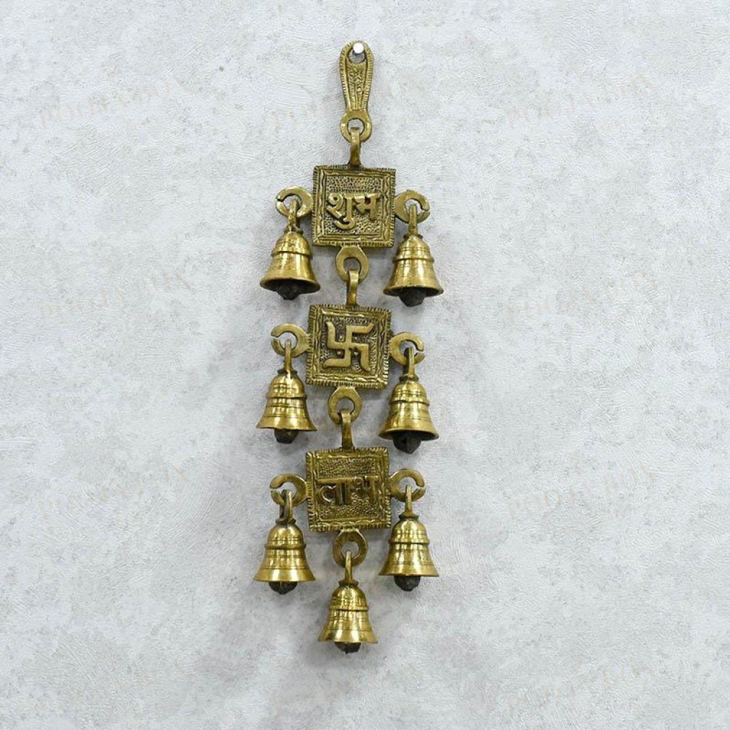 Antique Brass 7 Bells With Shubh Labh Swastik Figurine Bell