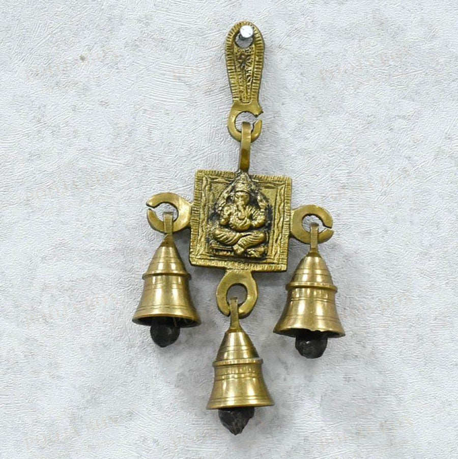 Antique Golden Brass 3 Bells Door/wall Hanging With Lord Ganesha Carving Bell