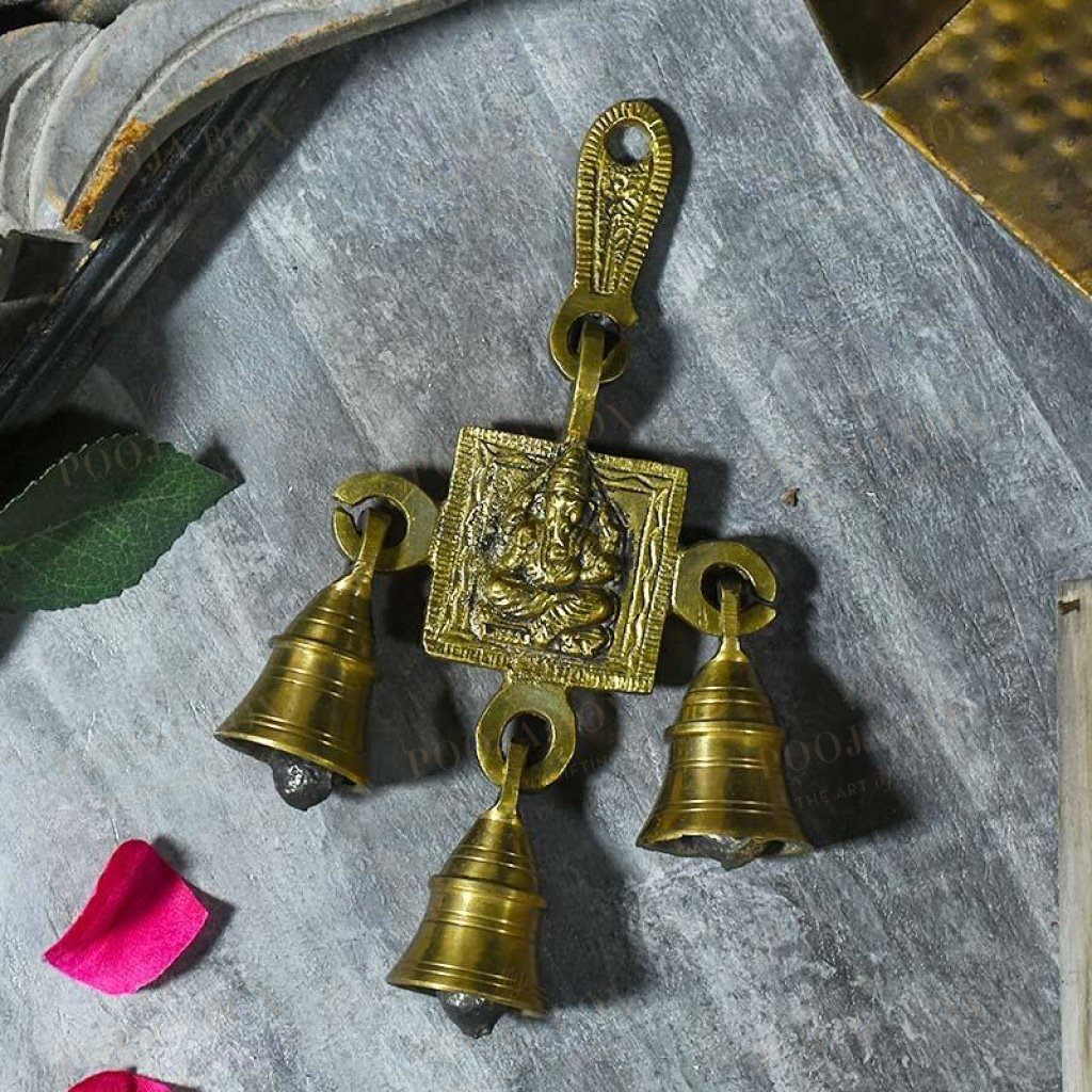 Antique Golden Brass 3 Bells Door/wall Hanging With Lord Ganesha Carving Bell