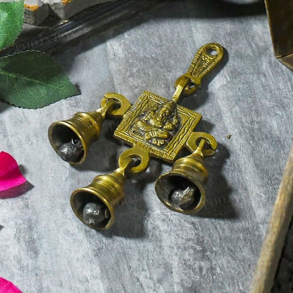 Antique Golden Brass 3 Bells Door/wall Hanging With Lord Ganesha Carving Bell