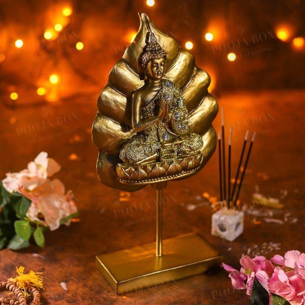 Antique Golden Buddha On Standing Bodhi Leaf Idols