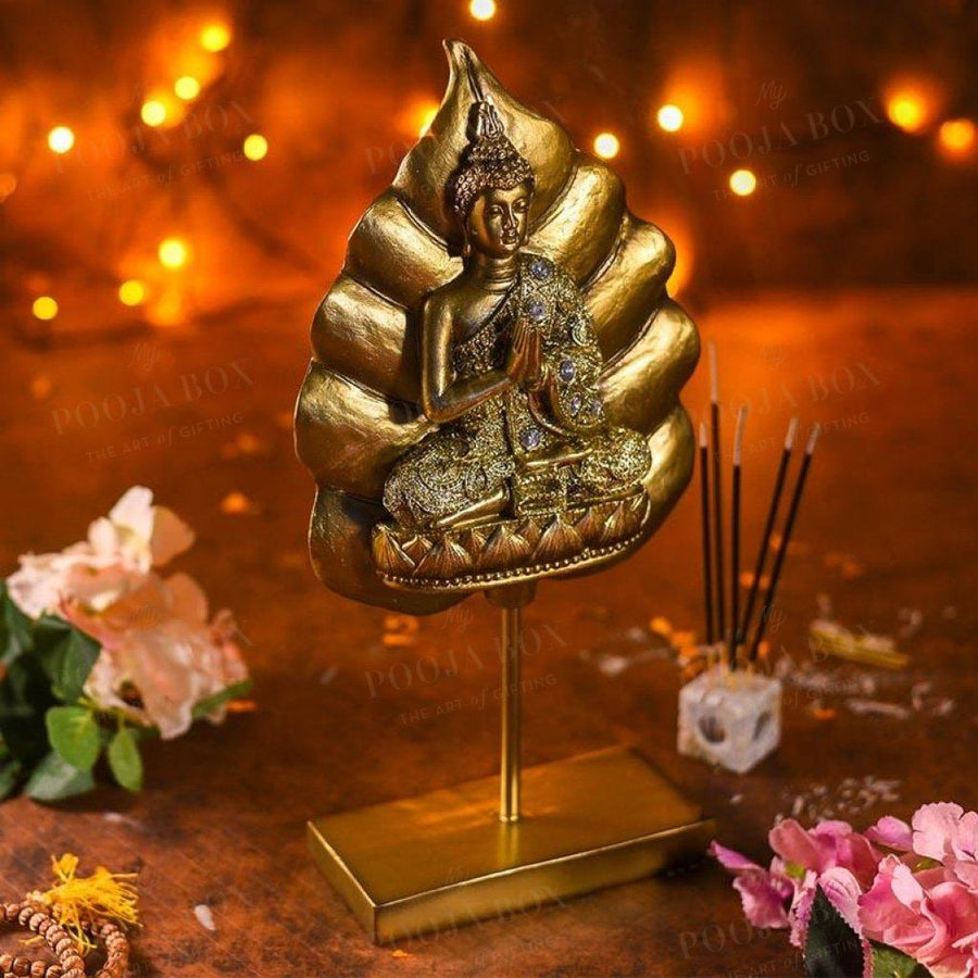Antique Golden Buddha On Standing Bodhi Leaf Idols