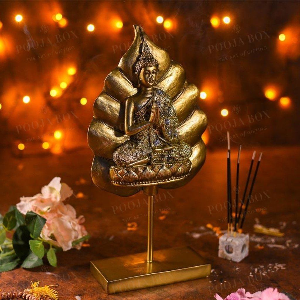 Antique Golden Buddha On Standing Bodhi Leaf Idols