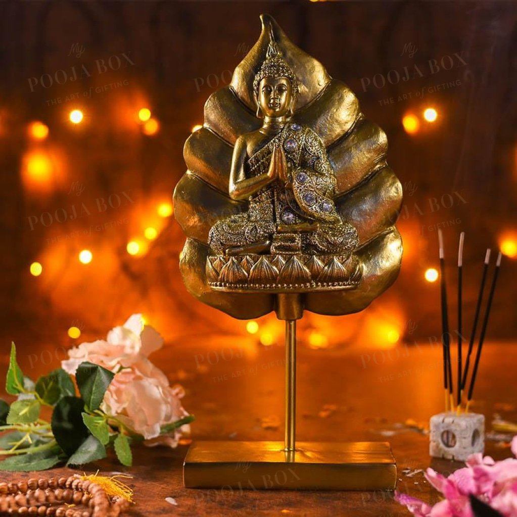 Antique Golden Buddha On Standing Bodhi Leaf Idols