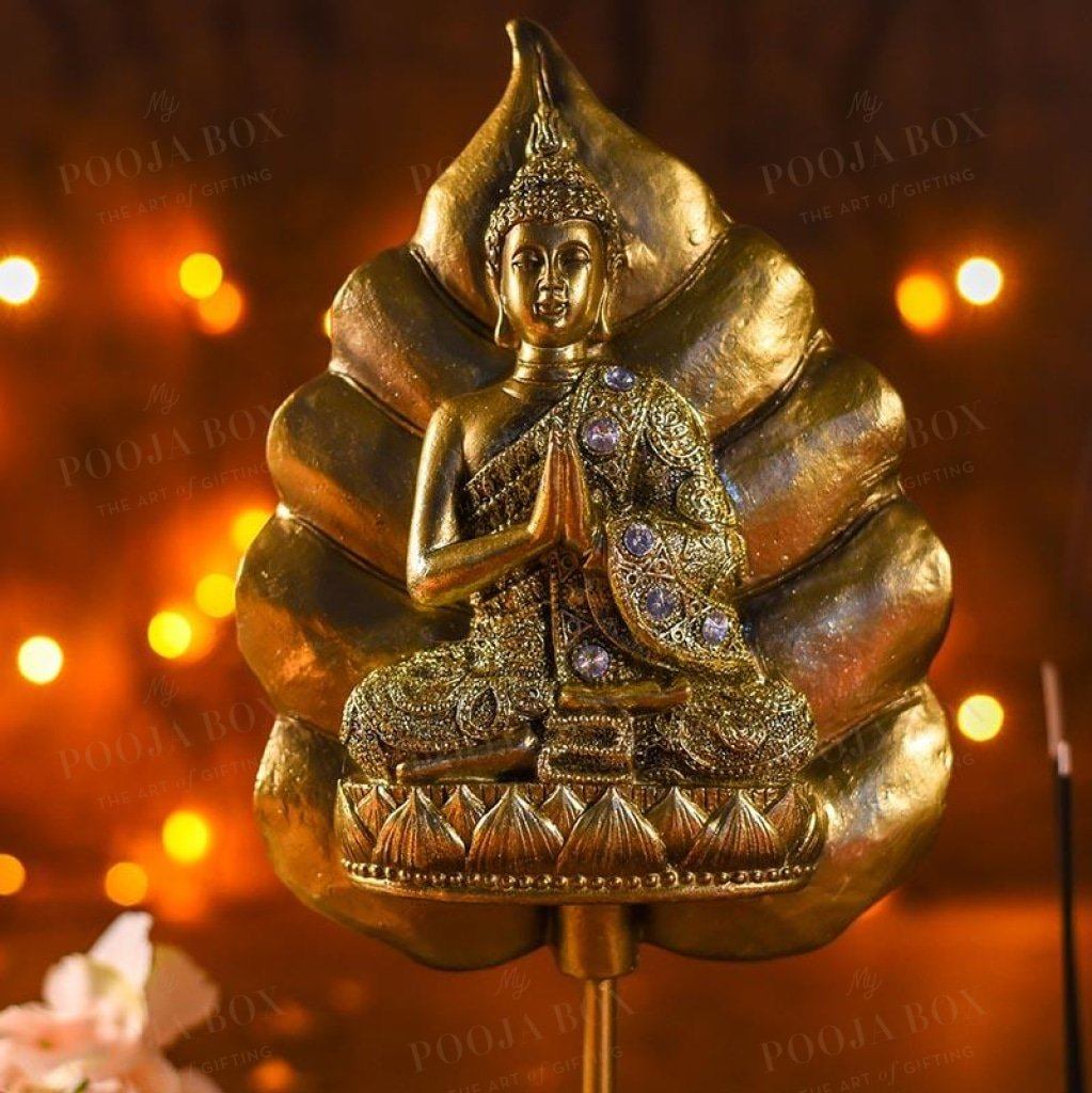 Antique Golden Buddha On Standing Bodhi Leaf Idols