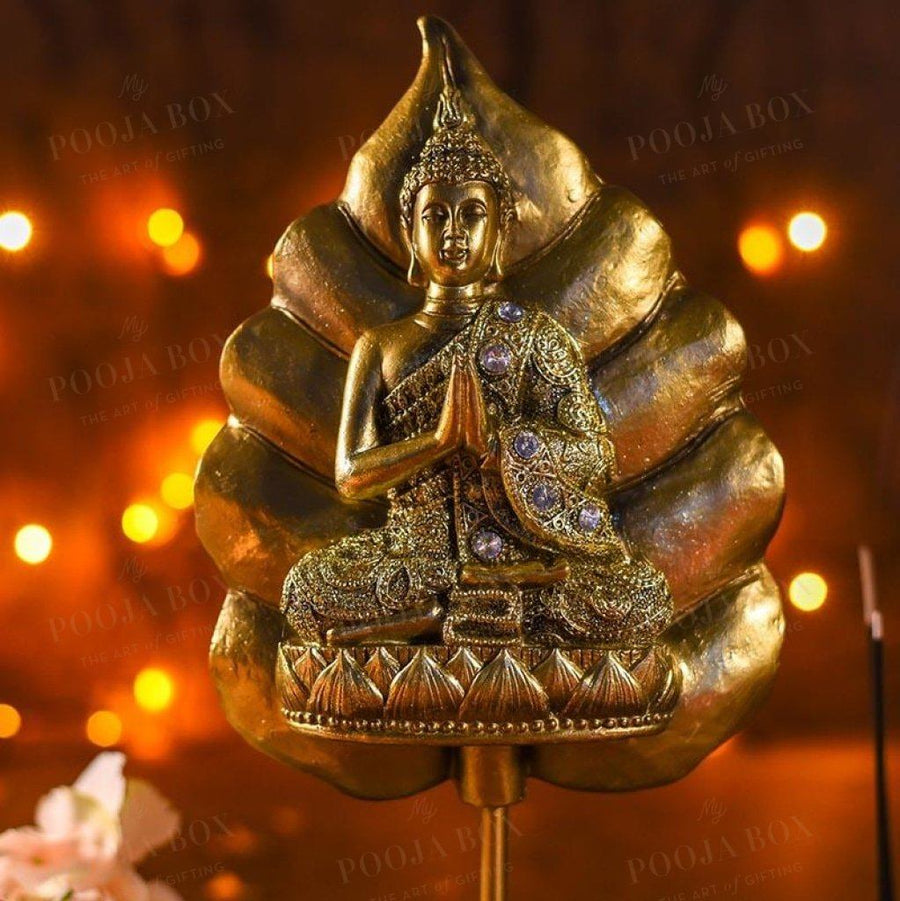 Antique Golden Buddha On Standing Bodhi Leaf Idols