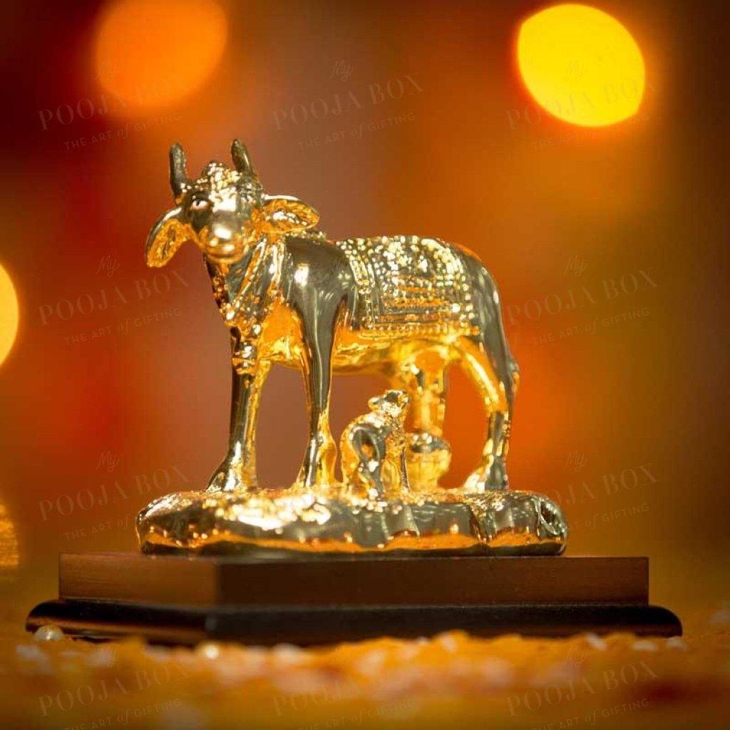 Antique Golden Kamdhenu With Calf Statue Idols