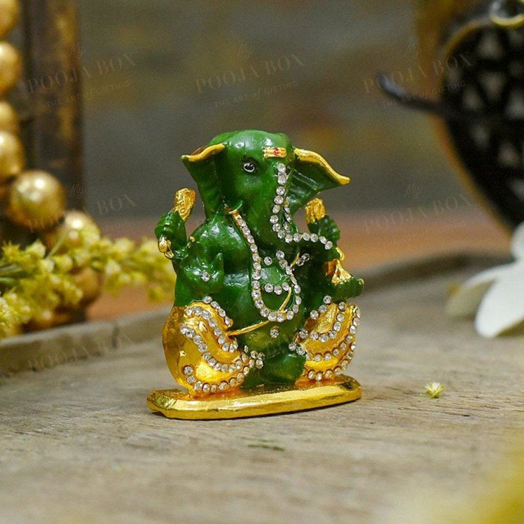 Attractive Green Studded Dashboard Ganesha Idol Idol