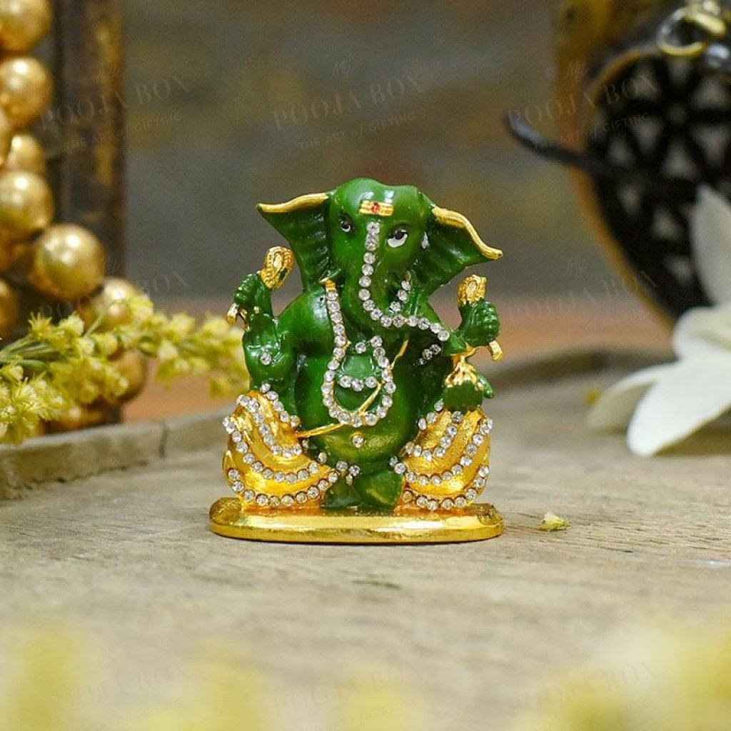 Attractive Green Studded Dashboard Ganesha Idol Idol