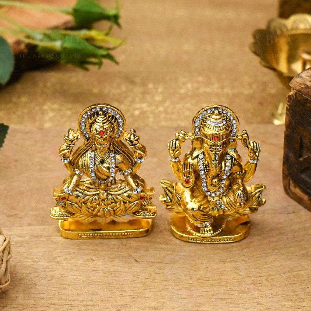 Auspicious Golden Laxmi Ganesh Murti On Lotus Idols