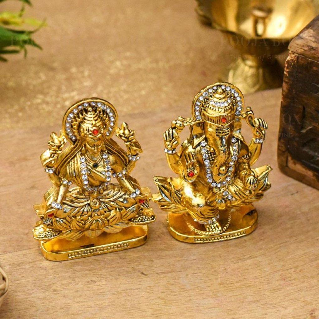 Auspicious Golden Laxmi Ganesh Murti On Lotus Idols