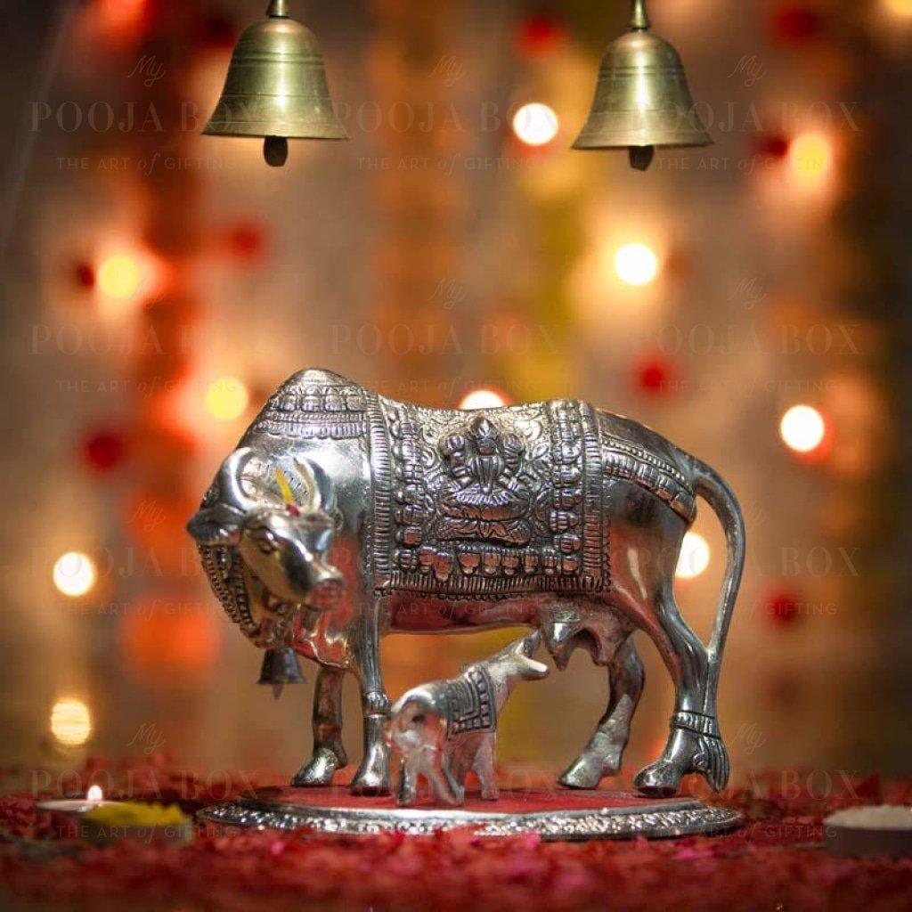 Auspicious Silver Color Kamdhenu Cow And Calf Showpiece Idols