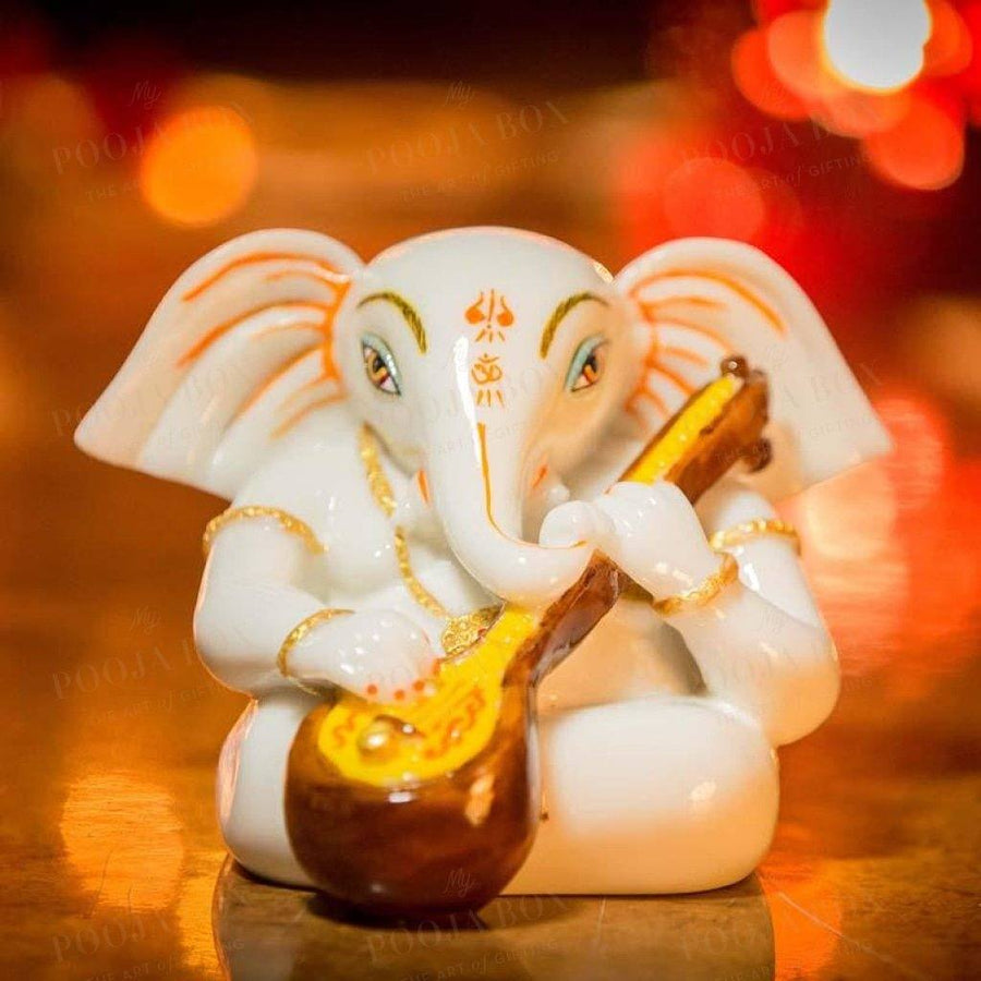 Beautiful Handcrafted Marble Ganesha Idol With Sitar Idol