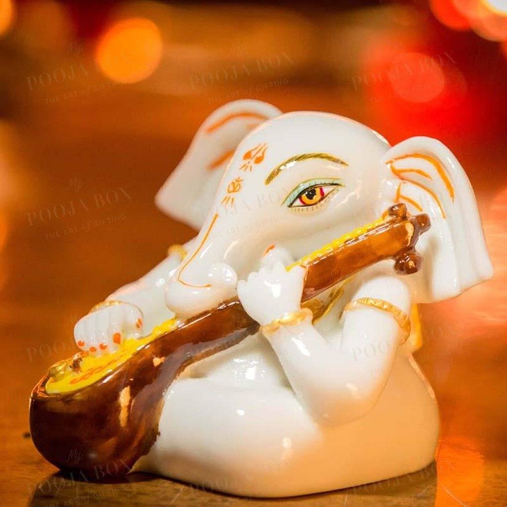 Beautiful Handcrafted Marble Ganesha Idol With Sitar Idol