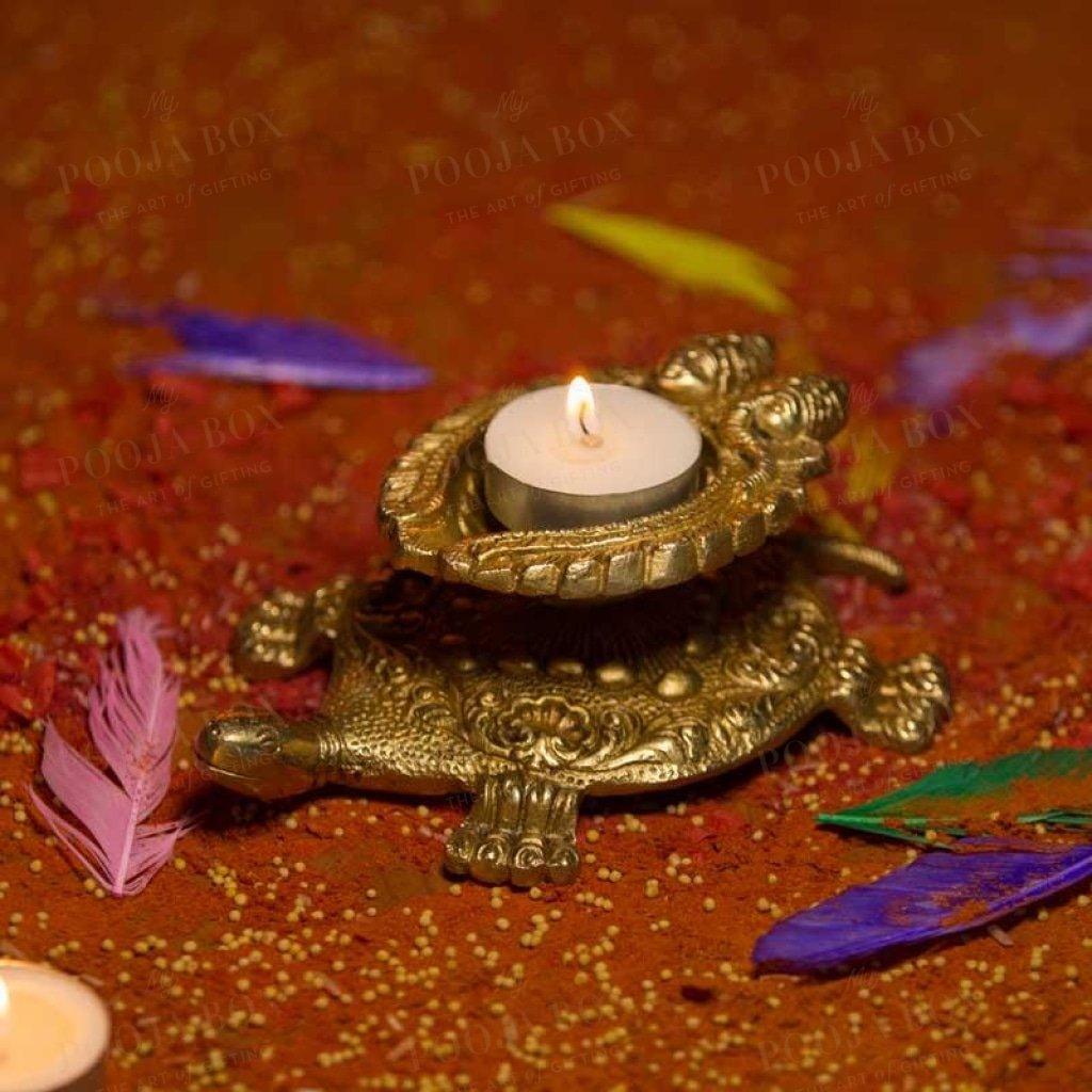 Brass Tortoise Deepak With Ganesh & Laxmi Candle Holder