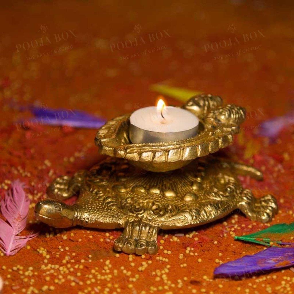 Brass Tortoise Deepak With Ganesh & Laxmi Candle Holder