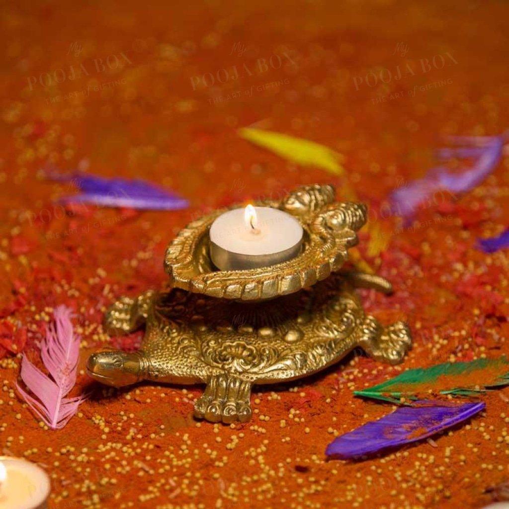Brass Tortoise Deepak With Ganesh & Laxmi Candle Holder