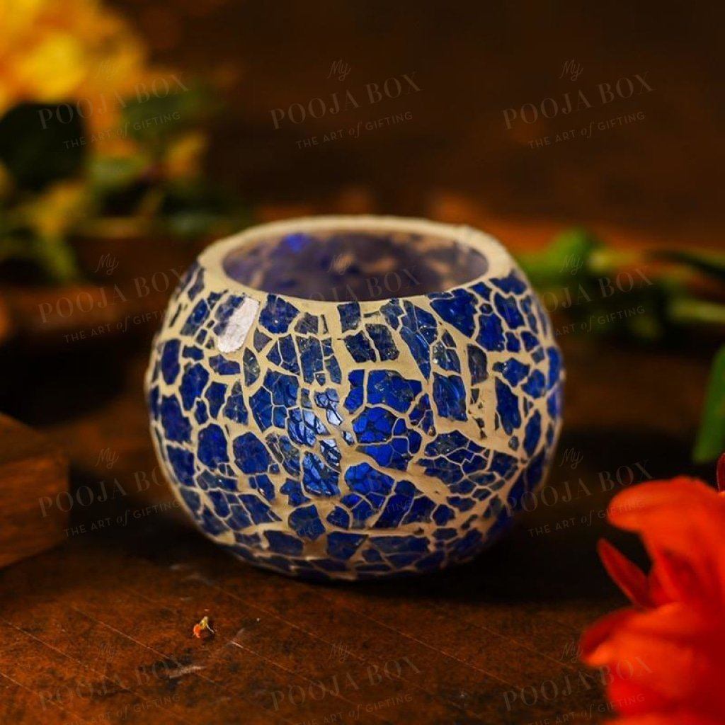 Cerulean Blue Crackled Glass T-Light Holder Lamp Candle