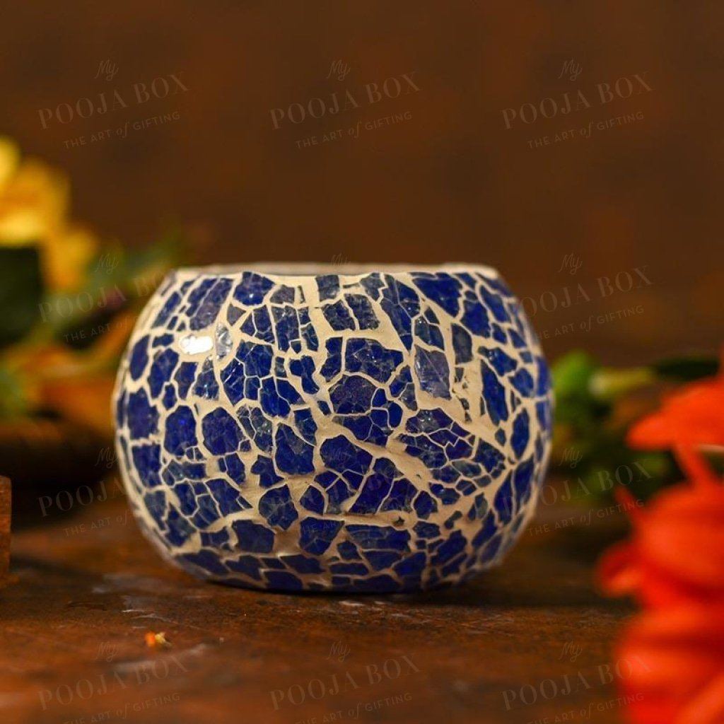 Cerulean Blue Crackled Glass T-Light Holder Lamp Candle