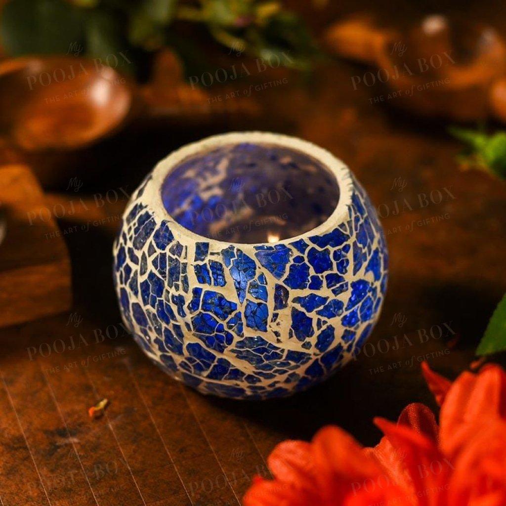 Cerulean Blue Crackled Glass T-Light Holder Lamp Candle