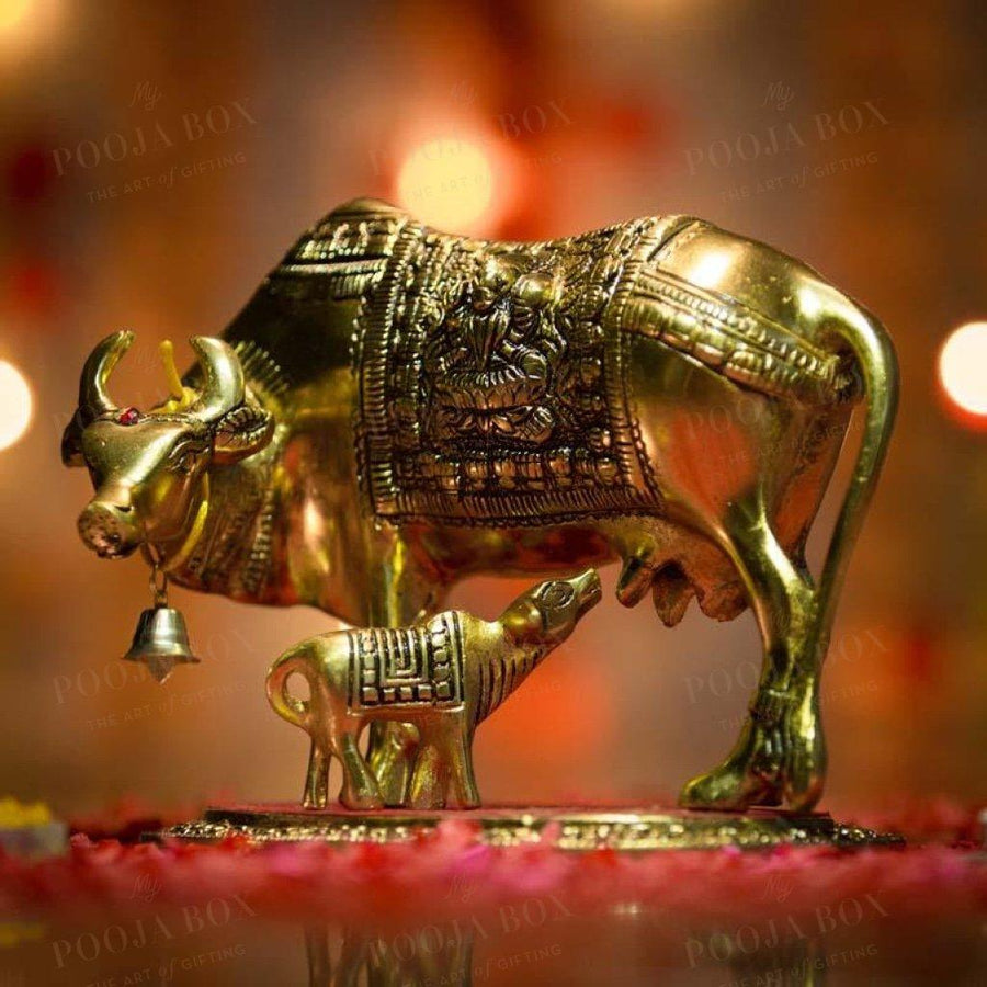 Decorative Golden Kamdhenu Cow And Calf Showpiece Idols