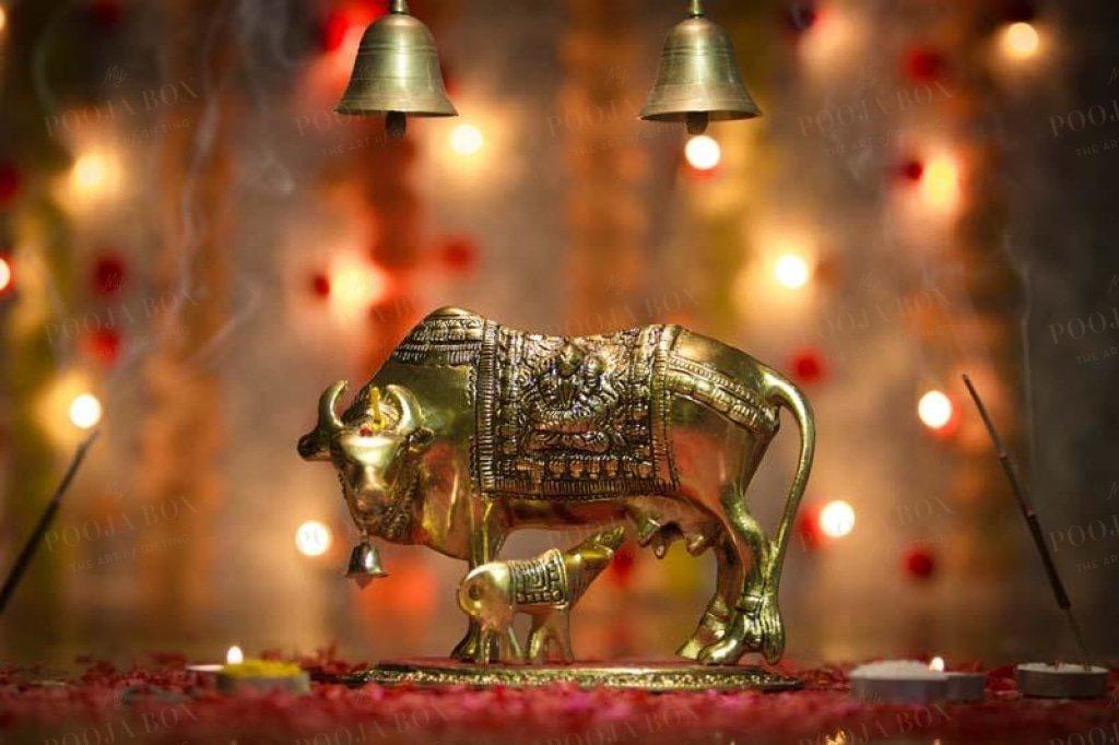 Decorative Golden Kamdhenu Cow And Calf Showpiece Idols