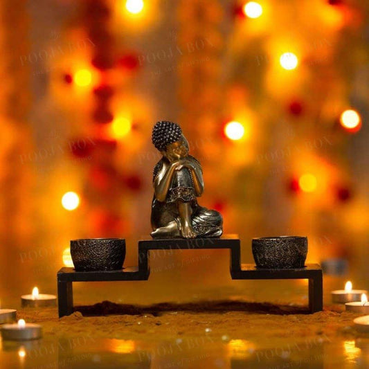 Decorative Relaxing Buddha On Wooden Base With Tealight Holder Candle