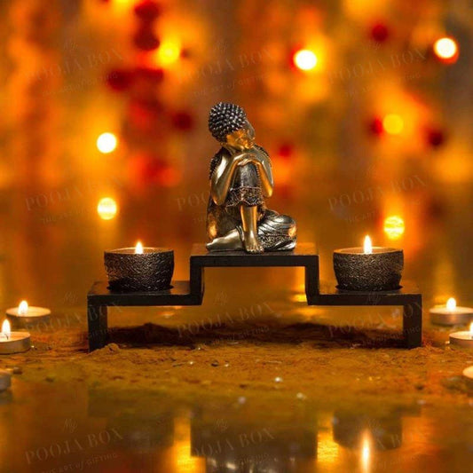 Decorative Relaxing Buddha On Wooden Base With Tealight Holder Candle