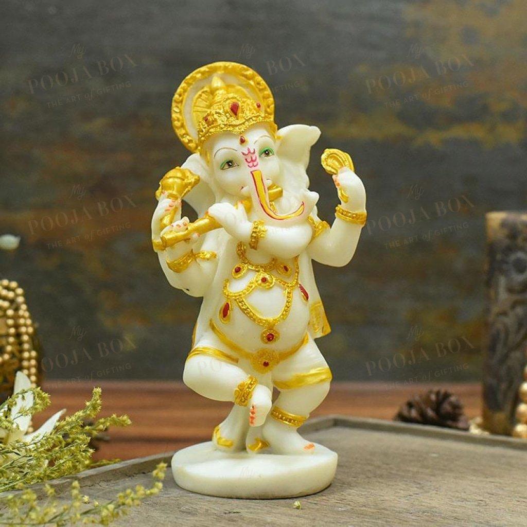 Divine Dancing Ganesha With Flute Idol