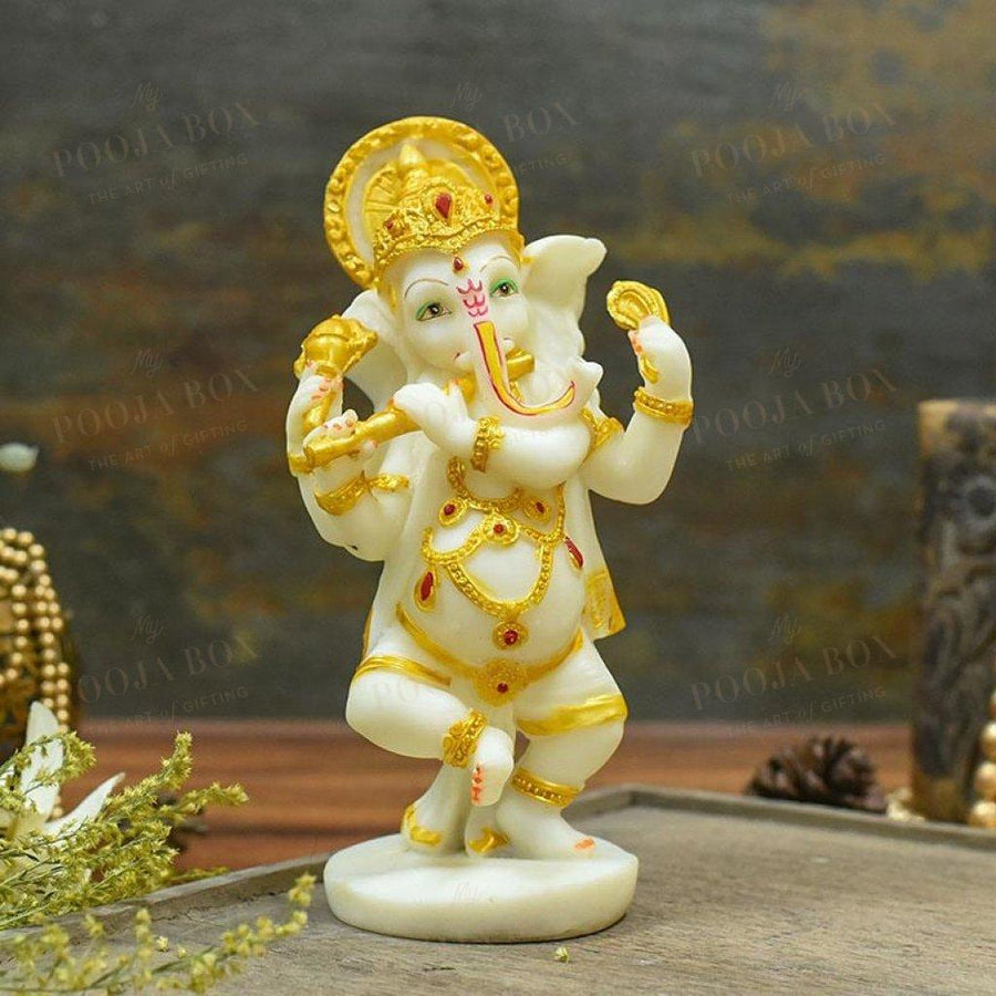 Divine Dancing Ganesha With Flute Idol