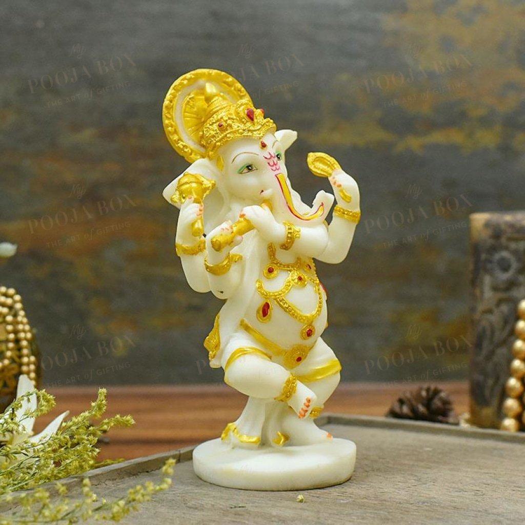 Divine Dancing Ganesha With Flute Idol