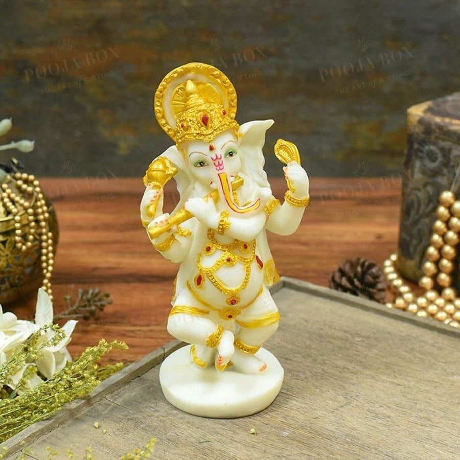Divine Dancing Ganesha With Flute Idol