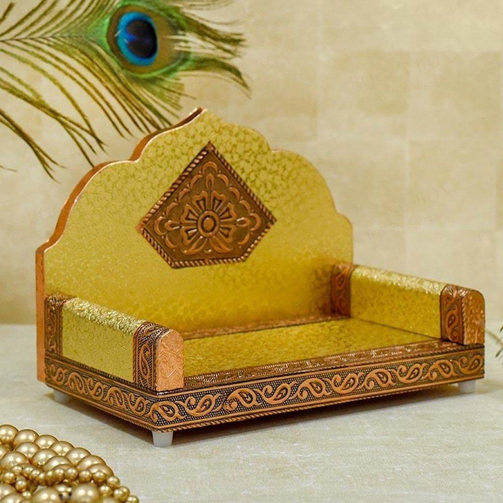 Elegant Golden Laddu Gopal Singhasan Pooja Item