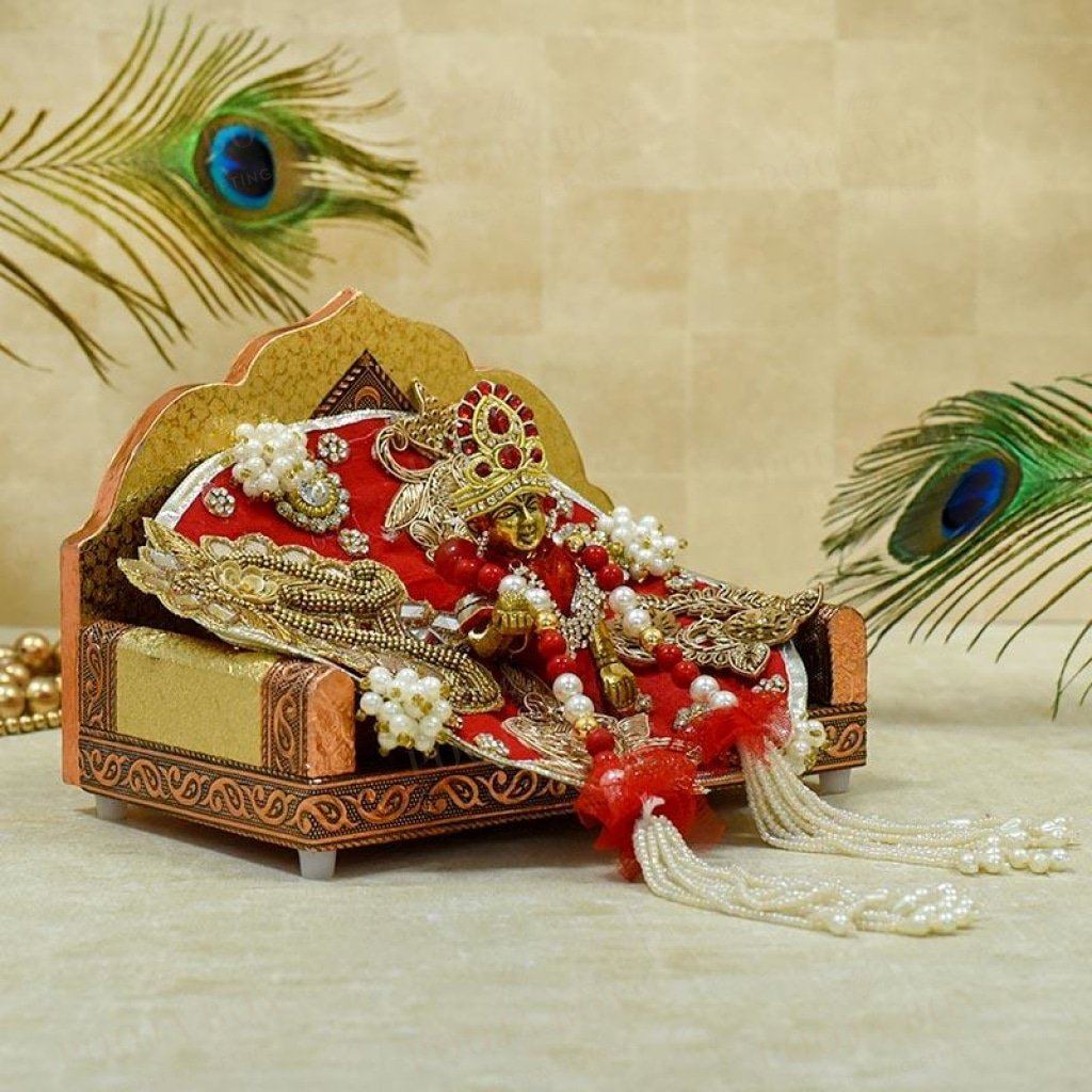 Elegant Golden Laddu Gopal Singhasan Pooja Item