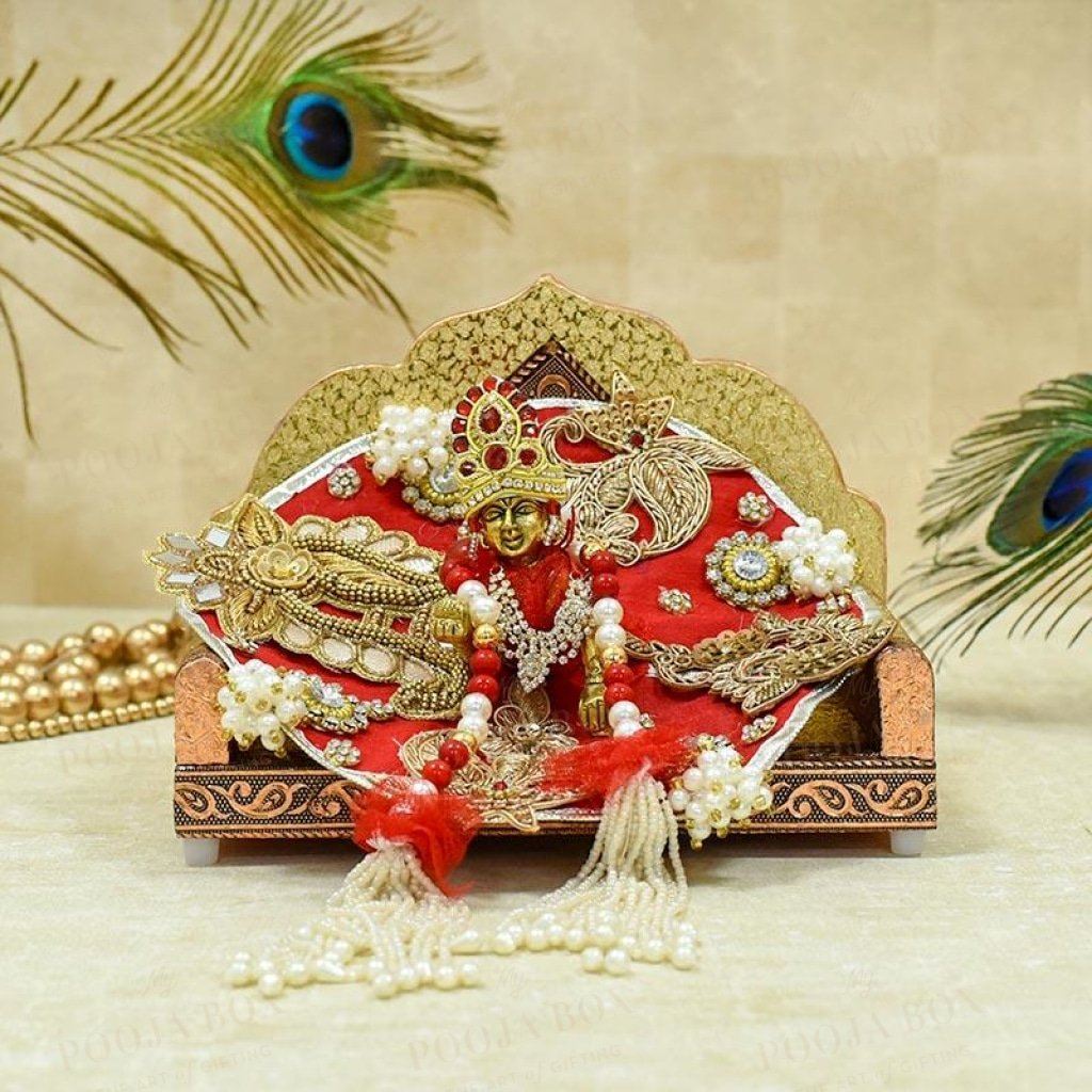 Elegant Golden Laddu Gopal Singhasan Pooja Item