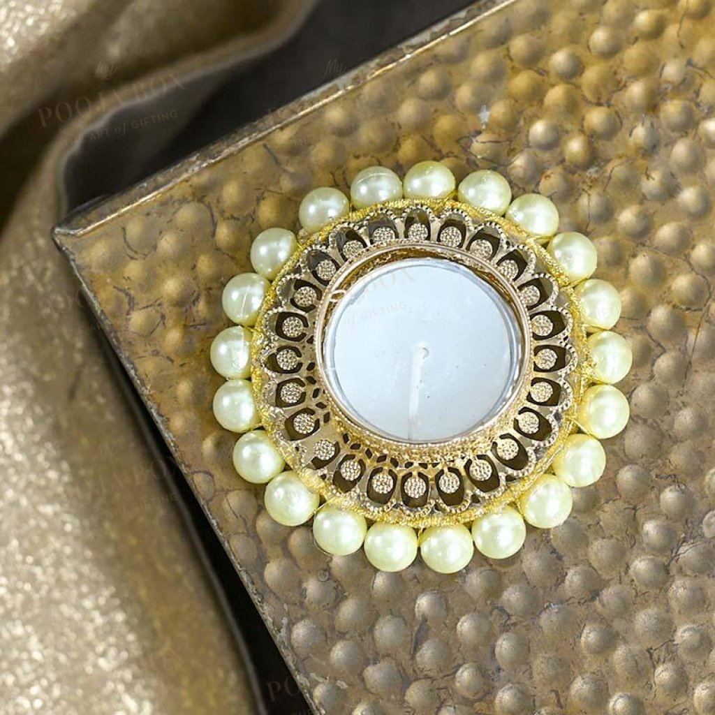 Elegant Pearl Studded Golden T-Light Candle Holder