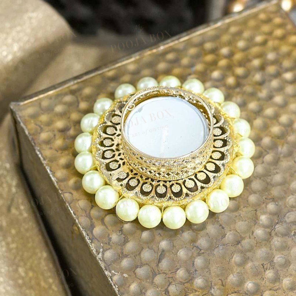 Elegant Pearl Studded Golden T-Light Candle Holder
