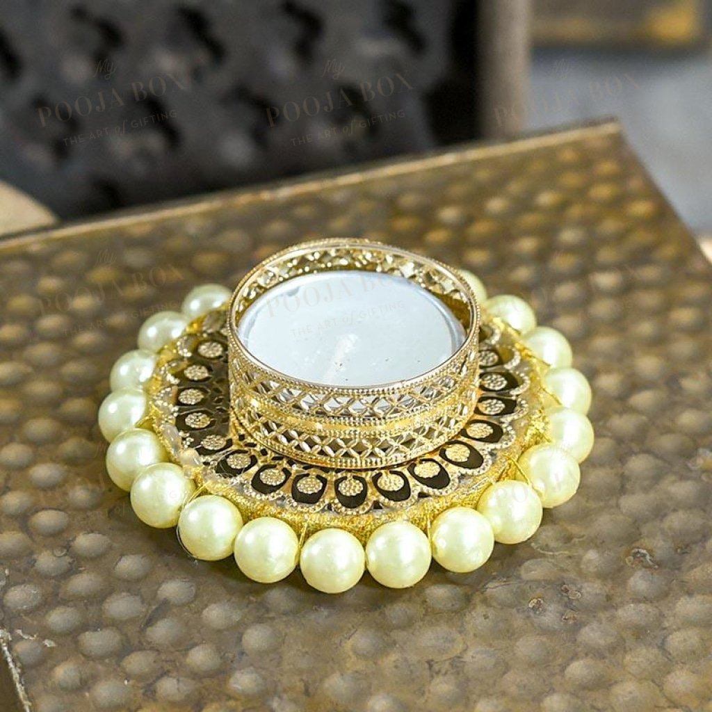 Elegant Pearl Studded Golden T-Light Candle Holder