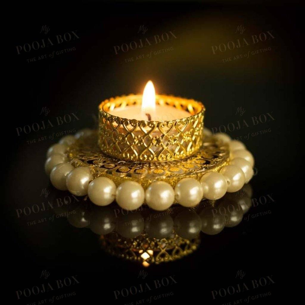 Elegant Pearl Studded Golden T-Light Candle Holder