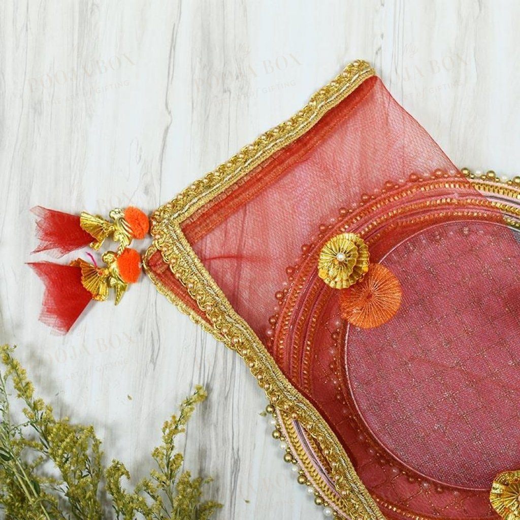 Exquisite Red Thali Cover Karwa Chauth