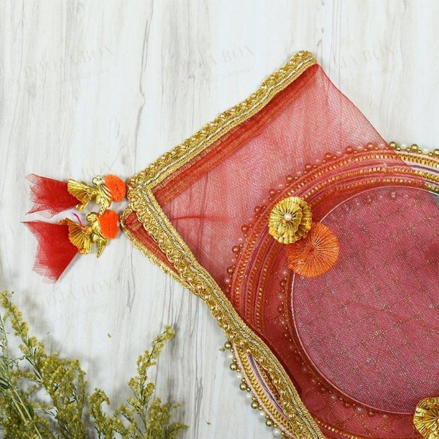 Exquisite Red Thali Cover Karwa Chauth