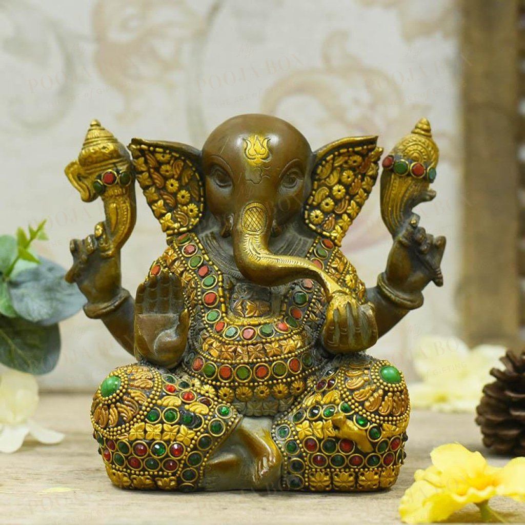 Exquisite Stone Work Brass Ganesh Idol