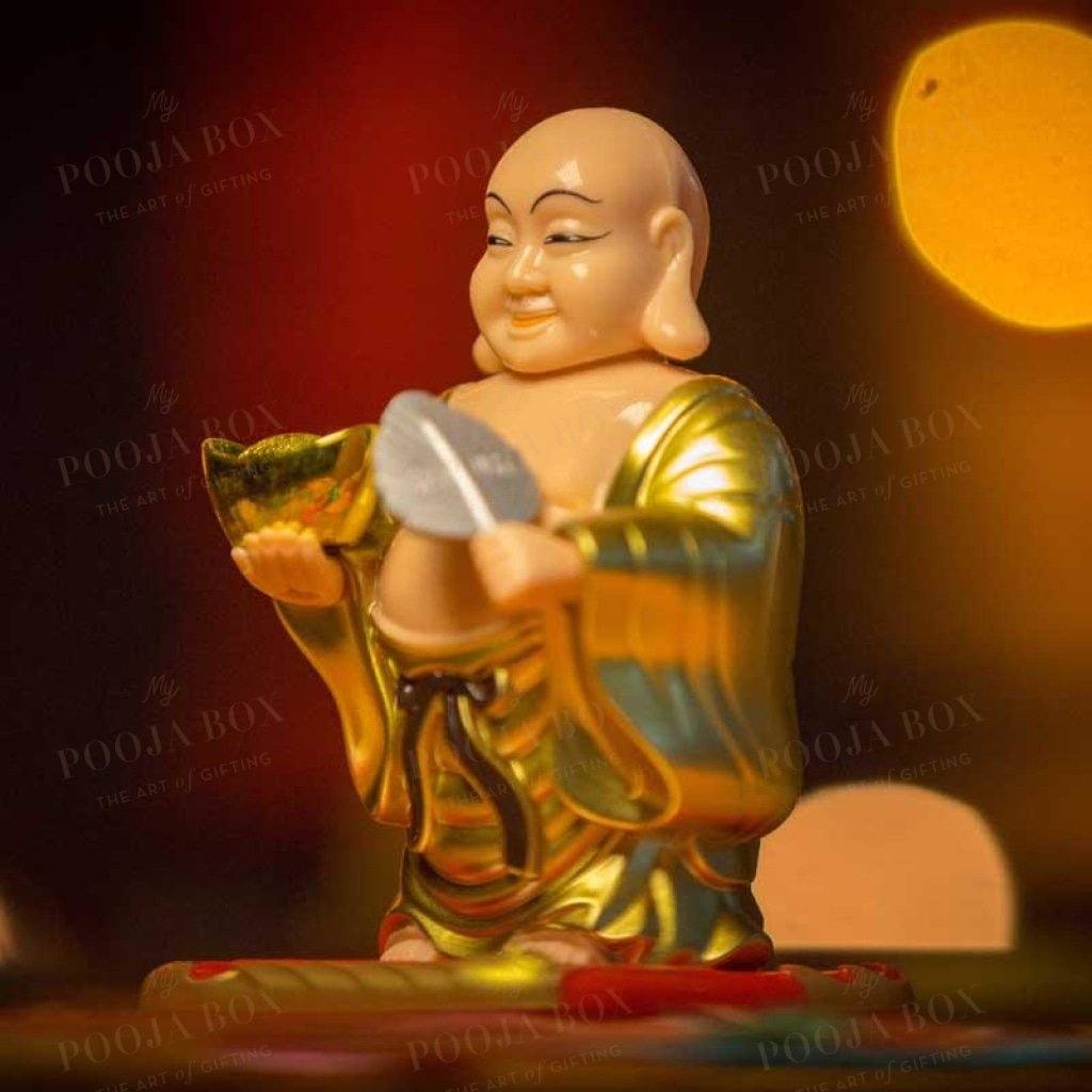 Feng Shui Laughing Buddha With Swinging Fan Showpiece For Good Luck Prosperity