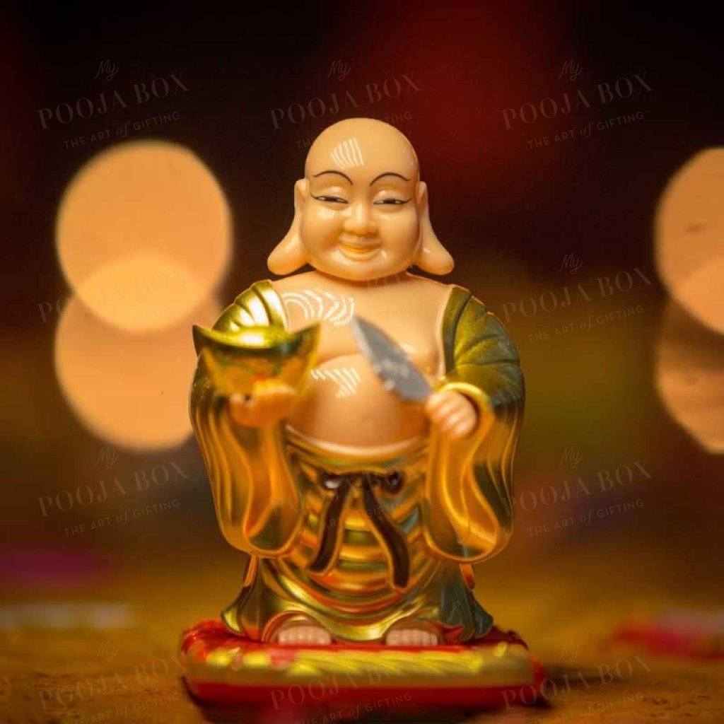 Feng Shui Laughing Buddha With Swinging Fan Showpiece For Good Luck Prosperity