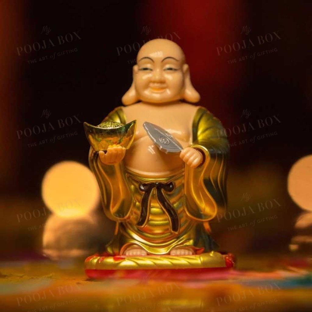 Feng Shui Laughing Buddha With Swinging Fan Showpiece For Good Luck Prosperity