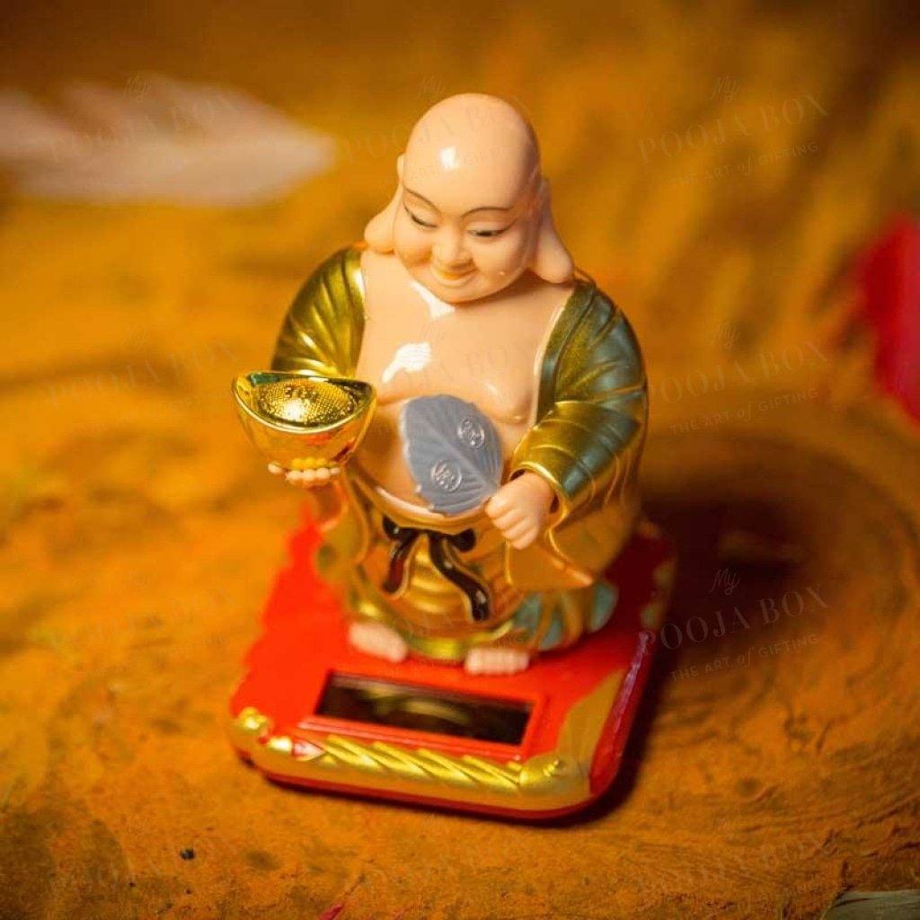 Feng Shui Laughing Buddha With Swinging Fan Showpiece For Good Luck Prosperity