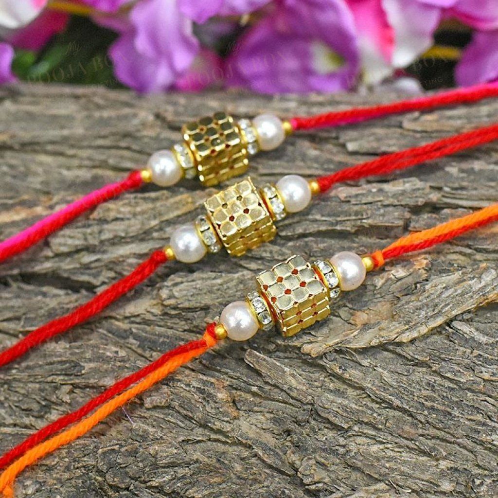 Golden Beaded Dice Rakhi Set Of 3