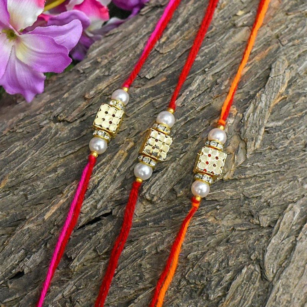Golden Beaded Dice Rakhi Set Of 3