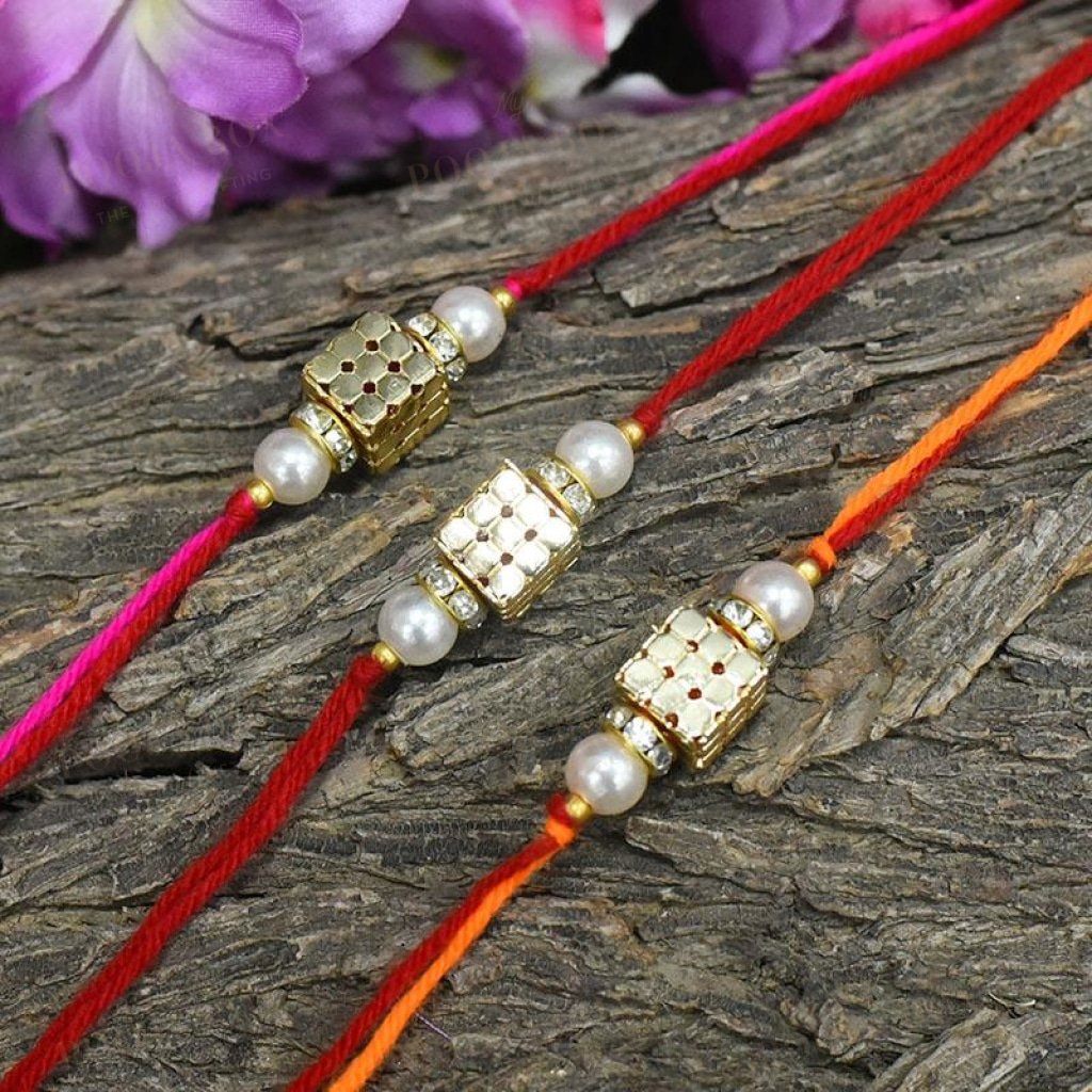 Golden Beaded Dice Rakhi Set Of 3